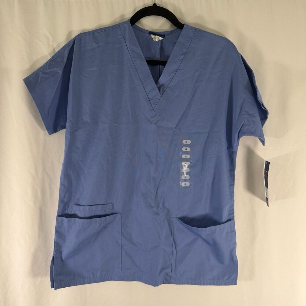 New Cherokee Scrub Top Women's XS Blue Short Sleeve Vneck Pullover Traditional